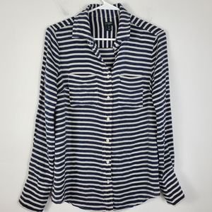 J. CREW Navy and White Striped Silk Lightweight Long Sleeve Button Down Shirt